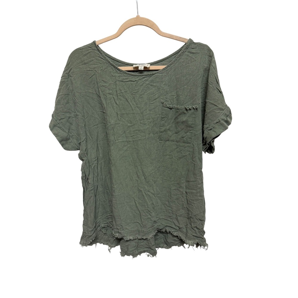 Umgee Women's 1XL Olive Green Linen Blend Raw Hem Pocket Boho Top Utility